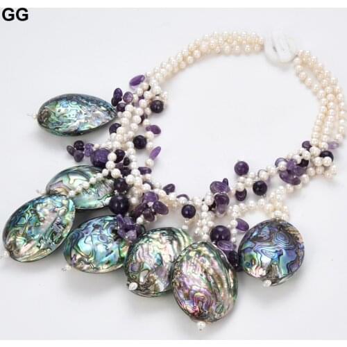 3 Strands Pearl Amethyst Paua Abalone Shell Statement Necklace free shipping