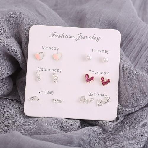 Htzzy Crystal Heart Love Feather Stud Earrings for Women Temperament Korean Earrings Jewelry Monday To Saturday 6 Pairs Set