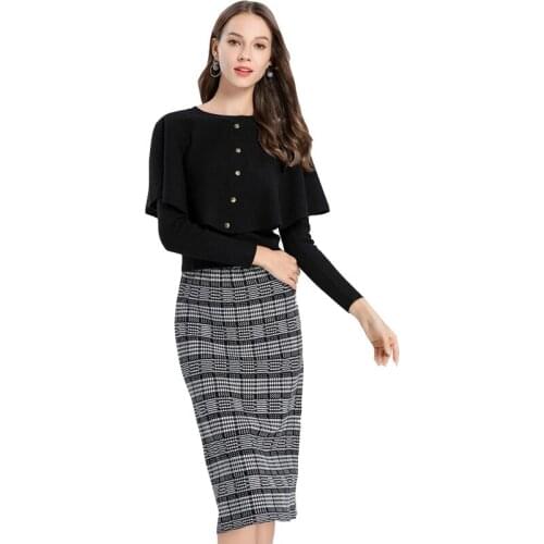 Women Two-piece Set Autumn Winter New Elegant Fashion Slim Work Wear Office Ladies Long Sleeve Shawl Knit Tops Knit Skirt Q298