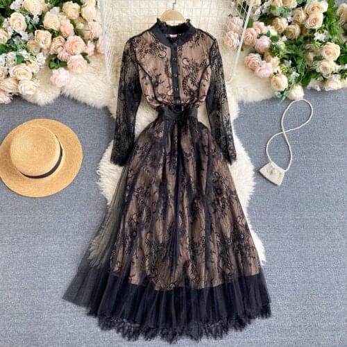 Womens Spring Summer Runway Fashion Designer Black Lace Long Mesh Dress Female Chic Travel Party Dress TB856