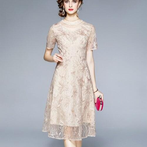 New Embroidery Mesh Lace Midi Dress For Womens O-Neck Short Sleeve Summer High Quality Elegant Party Dresses Vestidos