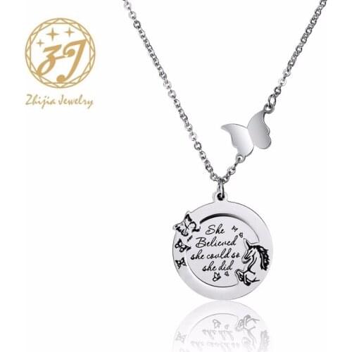 Zhijia New Arrival Fashion Jewelry Silver Round Charm butterfly Horse Necklace Stainless Steel Necklace For Women Free Shipping