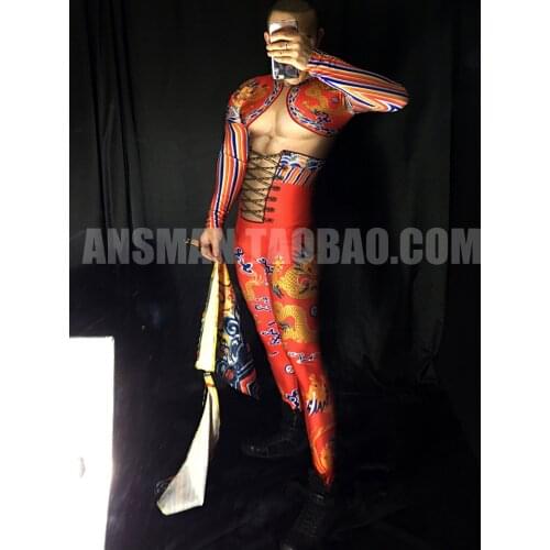 Bar nightclub male singer DJ 3D fake muscles fake abs Chinese style dragon robe theme party costumes Christmas carnival party