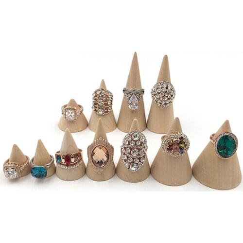 Wooden jewellery display holders cone ring stand for jewelry exhibitor pandora rings holder juwellery organizer case props rack