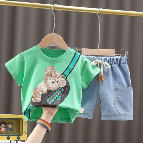 Children Summer Cotton Baby Boys Girls Clothes Sport Cartoon T Shirt Denim Shorts Jeans 2Pcs/Sets Leisure Kids Toddler Tracksuit