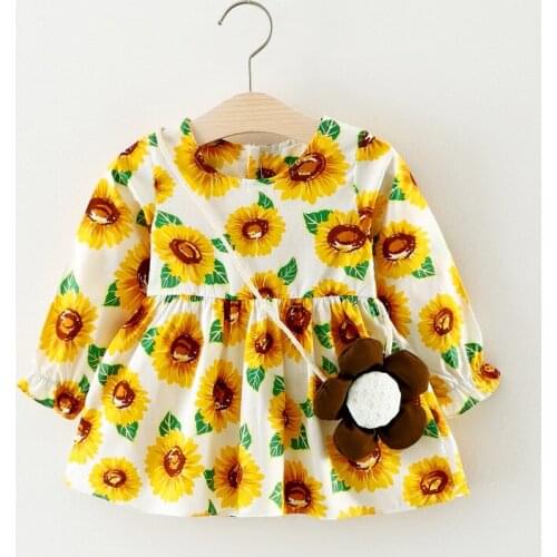 Sunflower Prints Baby Girls Dress Long Sleeve Spring Fall Infant Costume O-neck A-line Newborn Princess Dresses with Bag