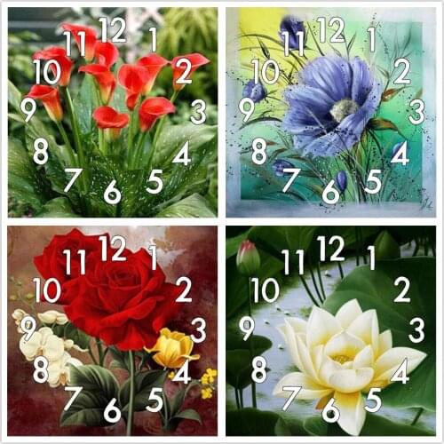Dpsprue Full Diamond Painting Cross Stitch With Clock Mechanism Mosaic 5D Diy Square Round Flower Scenery 3d Embroidery Gift