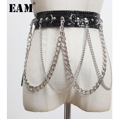 [EAM] Pu Leather Black Metal Chain Split Long Belt Personality Women New Fashion Tide All-match Spring Autumn 2021 1Y825