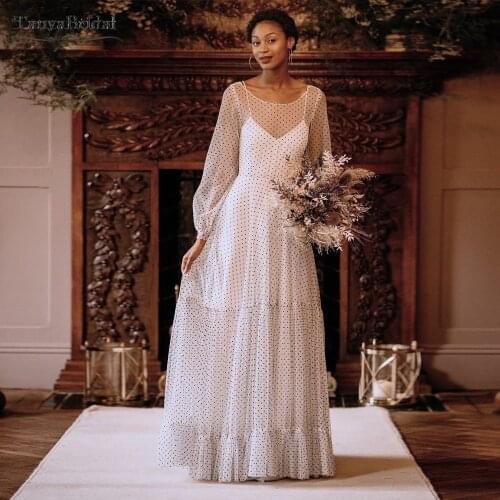 Lantern Sleeve Dot Tulle Wedding Dresses Romantic A Line Boho Bridal Gowns Backless Charming Vestido De Noivas DW577