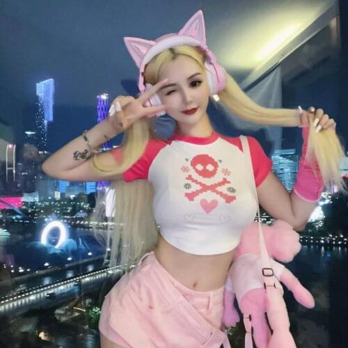 New Summer Gothic Punk Print White T-Shirts Hot Girl Sexy Short Sleeve Harajuku Fashion O-Neck Top