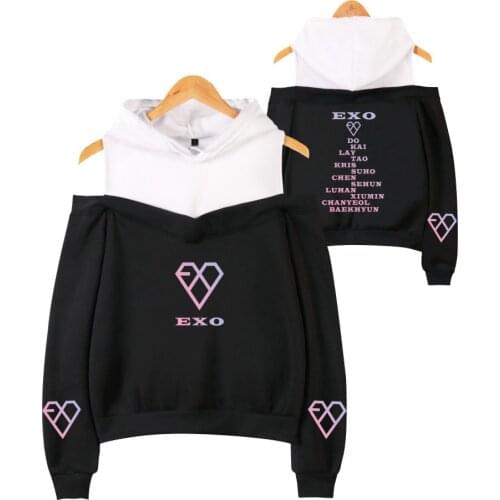 Kpop EXO Off-shoulder Hoodies Sweatshirt 2021 streetwear women Harajuku Fashion Sweatshirts Girl Sexy Pullovers Casual clothing
