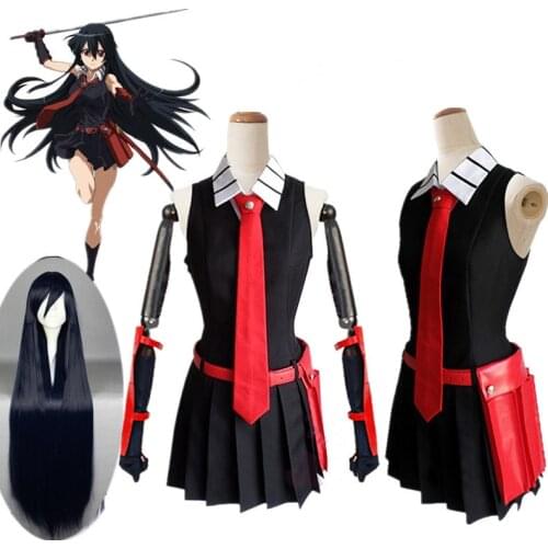 Akame ga KILL Akame Black Sleeveless Dress Uniform Outfit Anime Cosplay Costumes +cosplay wig for women Halloween dress Costumes