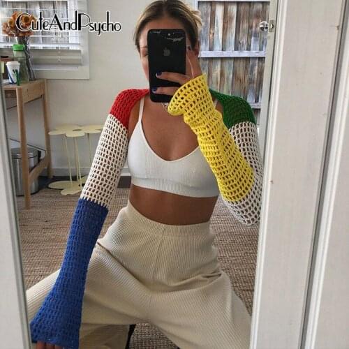 Patchwork Chic Y2K Knitted Cropped Tops Vintage Sexy Fashion Aesthetic Grunge Clothes Long Sleeve Cardigan Tees Cuteandpsycho