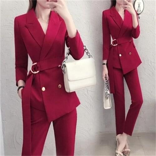Fashion red suit suit female British style New autumn High end ladies fashion temperament two-piece suit women