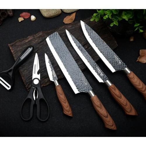 SHUOJI Best Kitchen Knives Set 6 PCS Forged Kitchen Knife With Scissors&Ceramic Peeler Chef Slicer Nakiri Paring Knife Gift Case