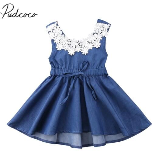2018 Brand New Toddler Infant Child Kids Princess Baby Girls Summer Lace Floral Denim Party Dress Cute Sleeveless Sundress 1-6T