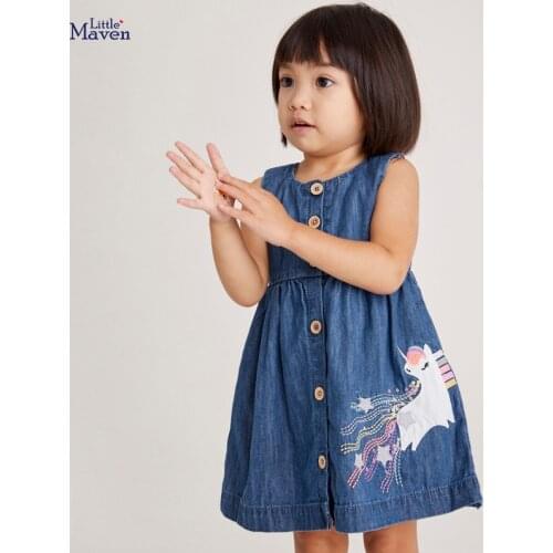 Little Maven 2021 Summer Baby Girl Clothes Children Unicorn Denim Color Sundress Pinafore Sleeveless Dress for Kids 2-7 Years