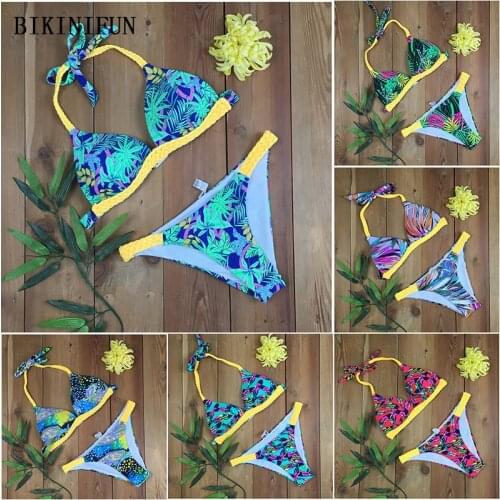 New Sexy Digital Print Bikini Women Swimsuit Handmade Braided Bathing Suit S-XL Padded Halter Beachwear Backless Mini Bikini Set