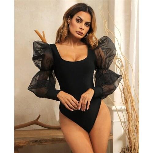 Autumn Winter Bodycon Women Bodysuits Black Mesh Patchwork Sheath Rompers New Fashion Nightclub Party Playsuits Sexy