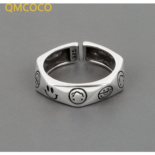QMCOCO 925 Sterling Silver Personality Smiling Face Geometry Thai Silver Ring For Women Trendy Punk Party Jewelry Decoration