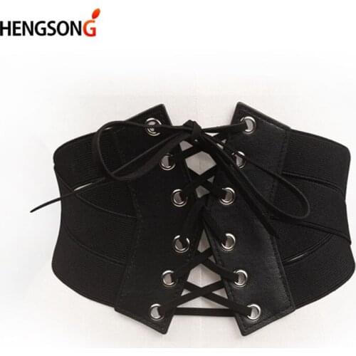 Lace Up Bandage Belt Women Wide Belt Black Leather Waist Band Elastic Stretch Cross Wide Belt For Dress Clothing Belts
