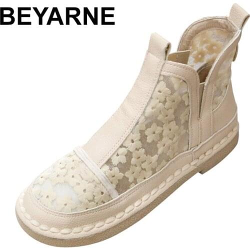 BEYARNECotton and hemp net boots,Flower net gauze cool boots womens soft soled hand-made Comfortable breathable shoes