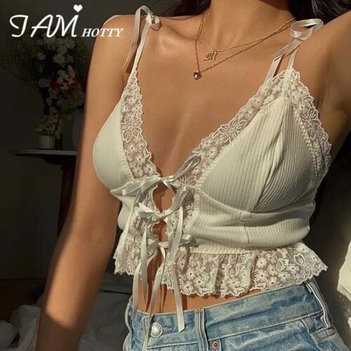 Lace Patchwork Y2K Crop Top Women Front Tie Up Sexy Solid 90s Cute Corset Tops Female Beach Club Party Wear 2020 New Iamhotty