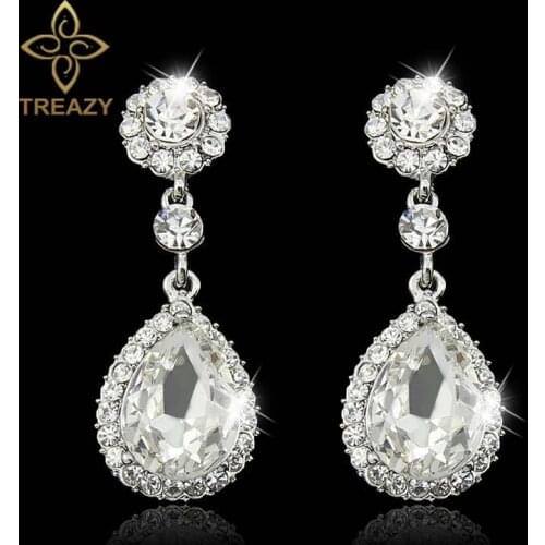 TREAZY Fashion Wedding Jewelry Silver Plated Bridal Dangle Drop Earrings Rhinestone Crystal Bridal Teardrop Earrings For Women