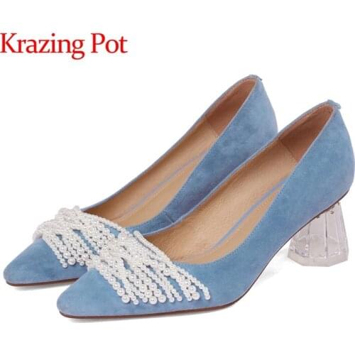 Krazing Pot sheep suede pointed toe crystal high heels pearl decorations French romantic pretty girls dating sweet pumps L3f1