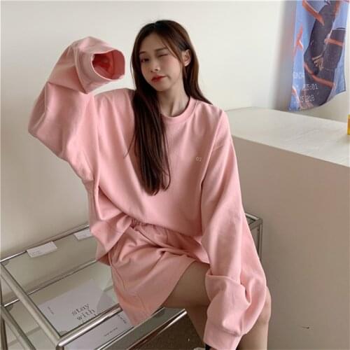 2021 Spring Summer Loose Tracksuits Solid Color Two Piece Set O-neck Sweatshirts and Shorts Outfits