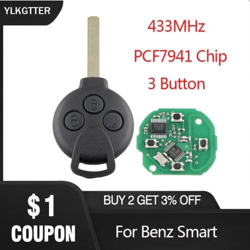 YLKGTTER 433MHz 3 Button Car Remote Key Fob for Mercedes-Benz Smart Fortwo 451 2007 2008 2009 2010 2011 2012 2013 with PCF7941