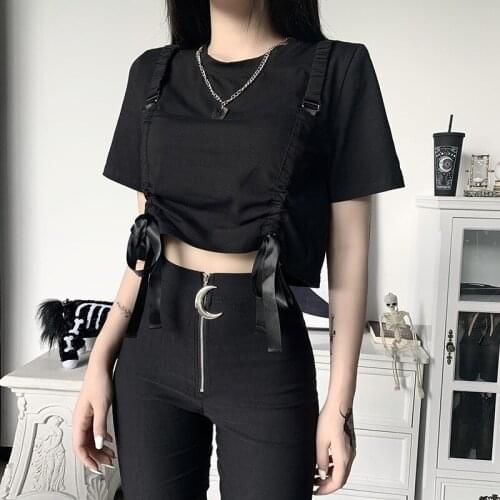 Ruibbit Patchwork Black T-shirts Women Harajuku Gothic Short Sleeve Bow Bandage Tops Summer Fashion Loose Crop Top Punk Tees