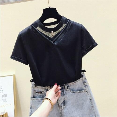 Short Sleeves Hollow Out Neck T Shirt Women Striped or Pure Shirt Korean Style