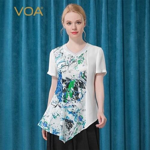VOA Silk Jacquard 20m/m V-neck Contrast Fabric White Background Blue Green Print Asymmetric Hem Short Sleeve T-shirt BE237