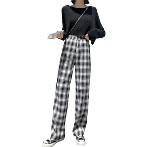 New womens plaid pants, high-waist straight-leg loose wide-leg pants casual pants plaid pants linen pants