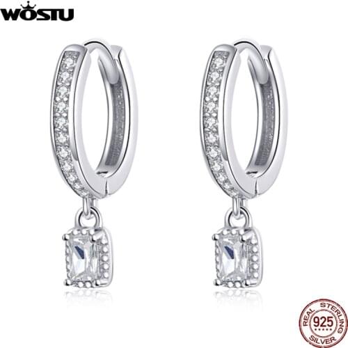 WOSTU Hot Sale 100% 925 Sterling Silver Circle Dangle Clear Zircon Earrings For Women Korean Style Wedding Fine Jewelry CTE157