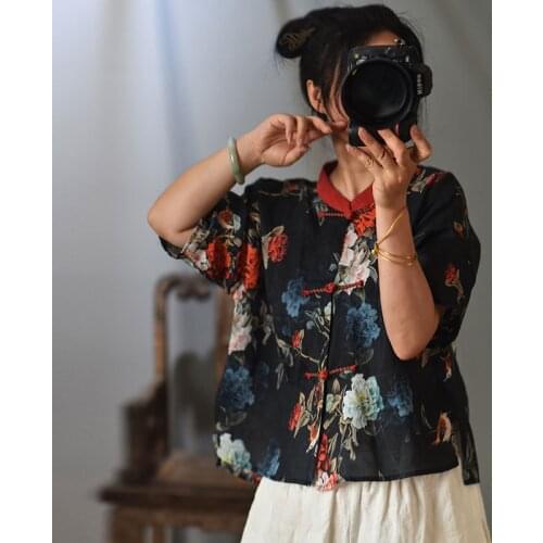 Women Loose Ramie Printed Shirts Tops Ladies Vintage Print Ramie Blouse Female Ramie Tops Shirt 2020 Summer