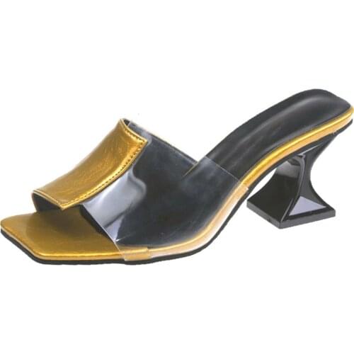 Women Slippers Fashion Color Matching Fabric 6.5CM Heel Summer Open-toe Sandals Square Toe Womens Shoes