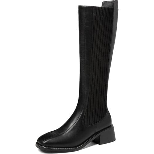 Square Toe PU Stitching Knit Fabric Sleeve Knitting Boots Womens Knee-Length Boots With Platform Thick Heel Elastic Band