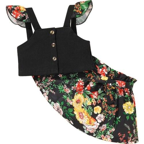New Girls Casual Two-piece Clothes Set, Black Square Collar Fly Sleeves Camisole and Floral Printed Pattern Skirt