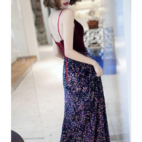 Popular Spaghetti Straps Velvet Sequins Evening Gown Lace Up Back A-line Long Prom Dress Custom Made