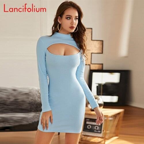 Sexy Knit Ribbed Bodycon Dress Women Autumn Winter Cute Out Long Sleeve Mini Dress Ladies Fall 2020 Turtleneck Club Party Dress