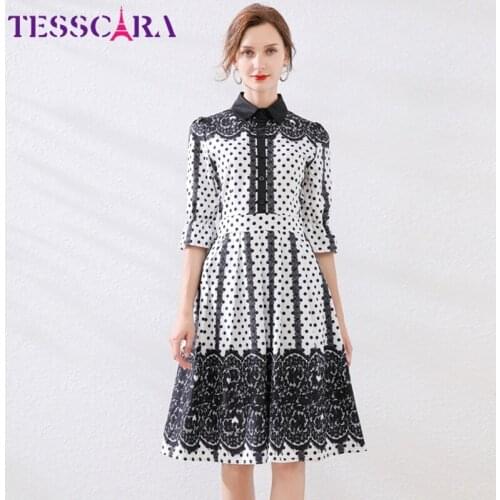 TESSCARA Women Summer Elegant Print Dress Shirt High Quality Office Cocktail Party Robe Femme Vintage Designer Dot Vestidos