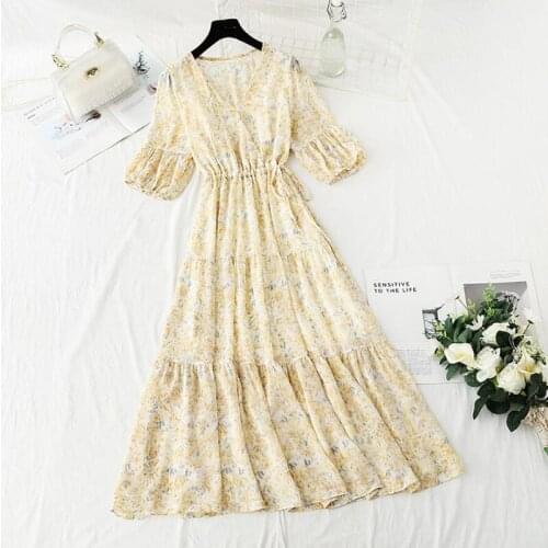 Vintage Floral Print Women Dress 2021Summer V-neck Ruffle Chiffon Long Dress Fashion Casual Boho Beach Dresses A-line Vestidos
