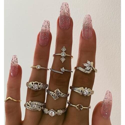 11 Pcs/Set Personality Women Engraving Hollow Cross Star Flower Crystal Gold Rings Fashion Lady Party Female Jewelry Accessories