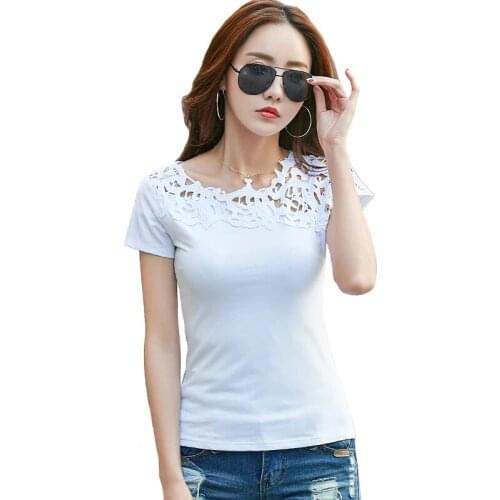 2021 Fashion Lace Hollow Out Patchwork Female T-shirt Summer Slim All-match Bottoming Shirt Casual Ladies Tops Tees 95% Cotton