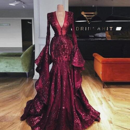 Elegant Burgundy Evening Dresses Arabic Luxury Glitter Prom Gowns Long Sleeves Puffy Women Mermaid Dress Sequins Beaded Sequins