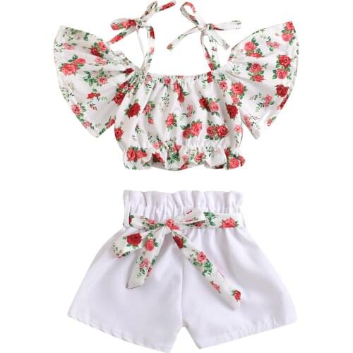 3 Pcs Toddlers Summer Outfits Baby Girl Cold Shoulder Tie-Up Floral Boat Neck Flare Sleeve Crop Top + Solid Color Shorts + Belt