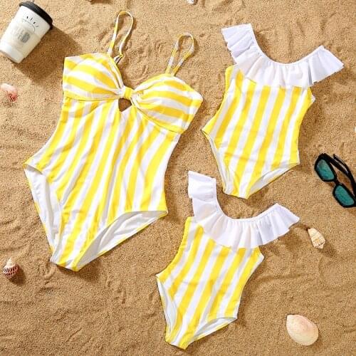 Fashion Mom And Kids Stripe Bikini One piece Outfit Family Matching Swimwear Mommy And Me Clothes Mother Daughter Swimsuit