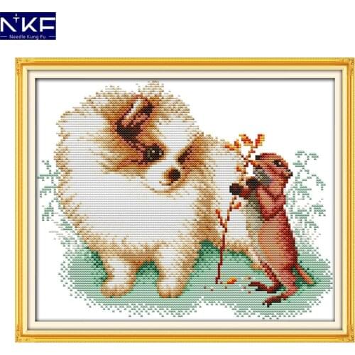NKF Pomeranian and Squirrel Cross Stitch Handmade Craft Needlework Embroidery Kit Animal Cross Stitching Set for Home Decor